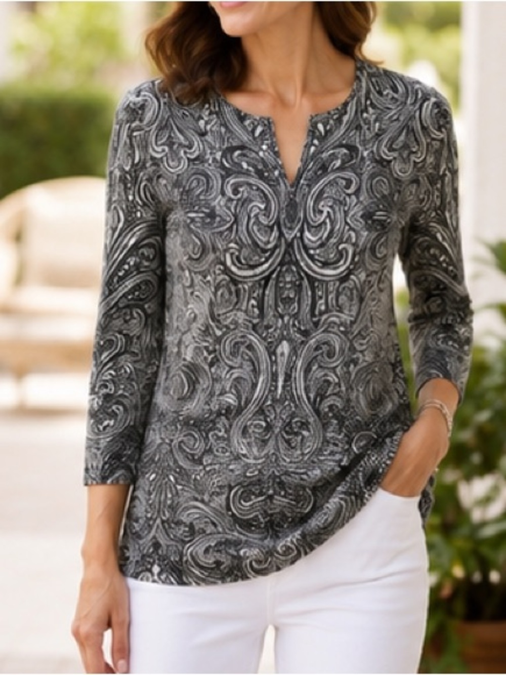 Coolibar UPF 50+ St Lucia tunic top paisley 3/4 sleeves black white XS